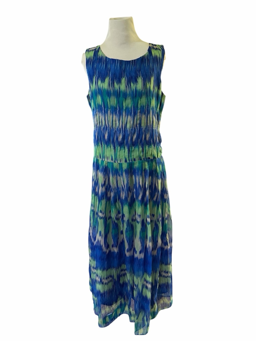 Stunning 100% silk Ikat Blue and Green Sleeveless Dress XL boho resortwear